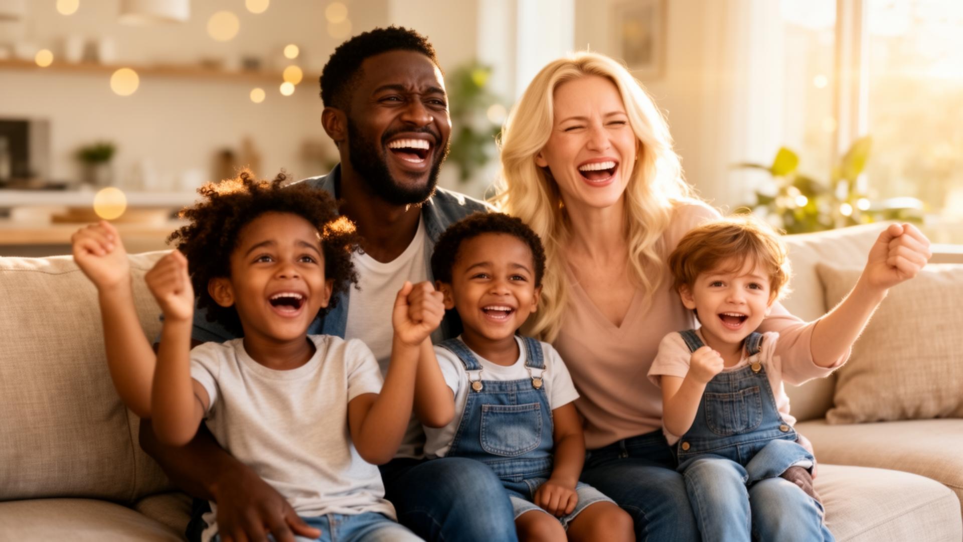 Happy mixed-racial American family celebrating financial freedom and being debt-free